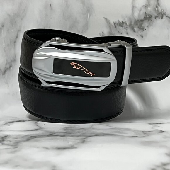 Black Leather Belt Automatic Silver Buckle Slide Belts No Hole Leather Strap New - Picture 1 of 2